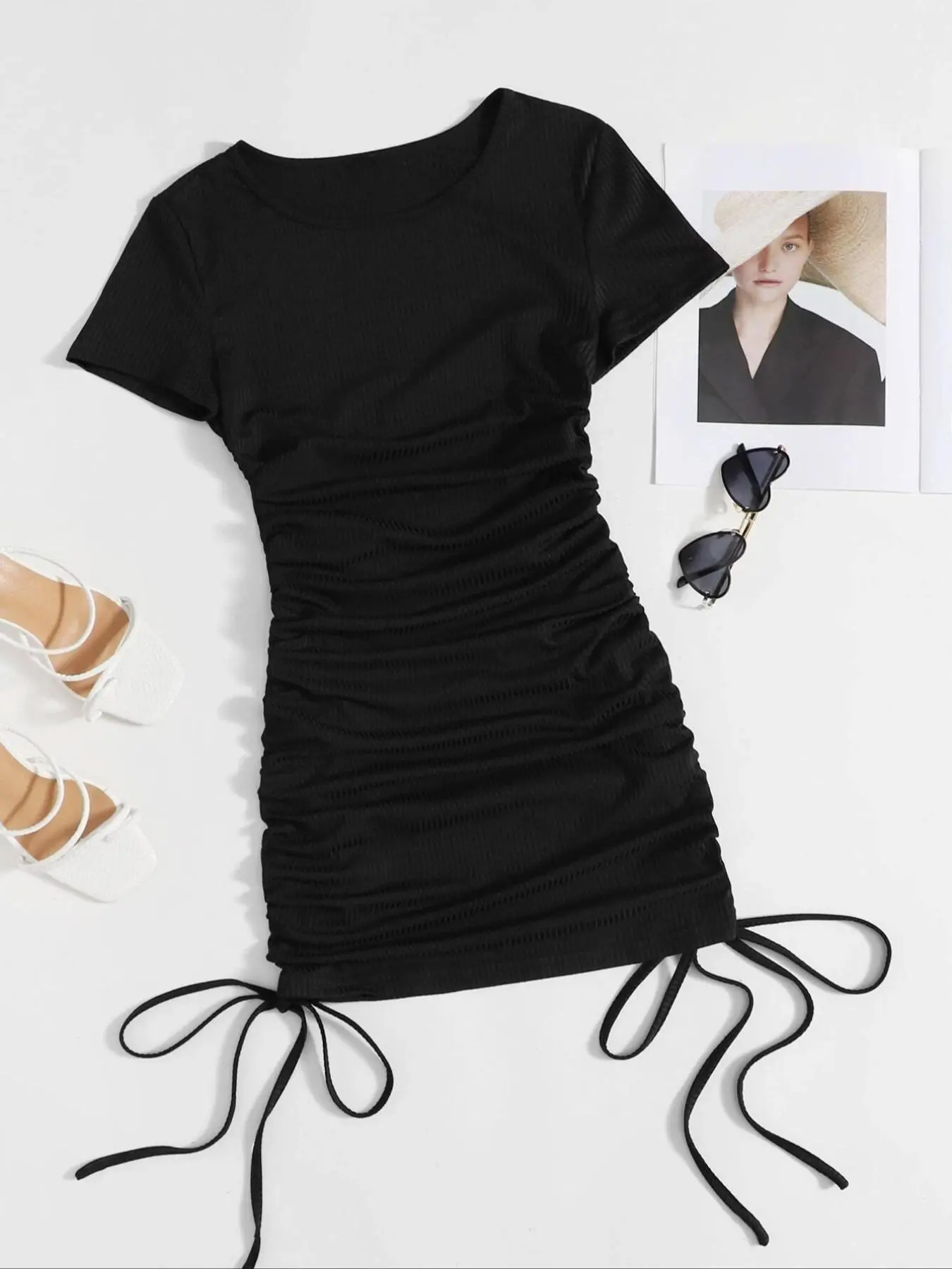 Women's Solid Drawstring Bodycon Dress, Fashion Casual Short Sleeve Round Neck Short Dress for Daily Outdoor Wear, Ladies Dress for Summer, Summer Dresses 2025