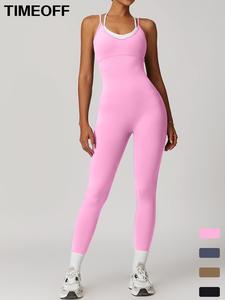 TIMEOFF Women's Criss Cross 2 IN 1 Backless Sports Jumpsuit, Solid Sleeveless U Neck Jumpsuit for Yoga Gym Workout, Ladies Sportswear for All Seasons