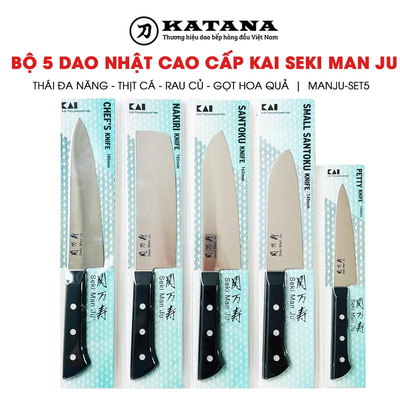 Bộ 5 dao bếp Nhật cao cấp KAI Seki Man Ju - Thái đa năng - Thịt cá - Rau củ - Gọt hoa quả MANJU-SET5