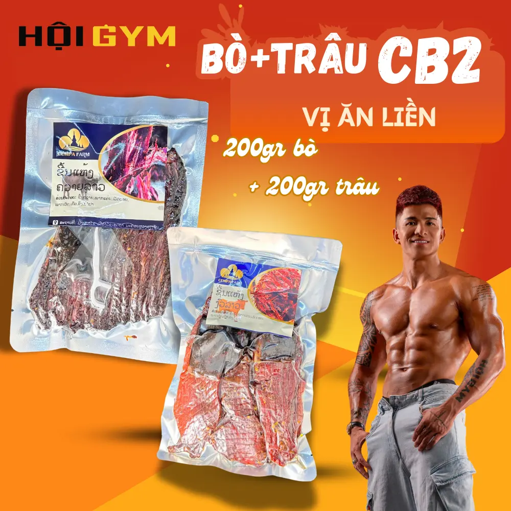 400G [ Hội Gym 88 ] -  Trâu Gác Bếp Lào 200g  +  Bò Gác Bếp Lào 200g - Hương Vị Chuẩn Lào 100% Thịt Trâu, Bò Tươi, Vị ăn liền + KÈM CHẲM CHÉO +  -CB2