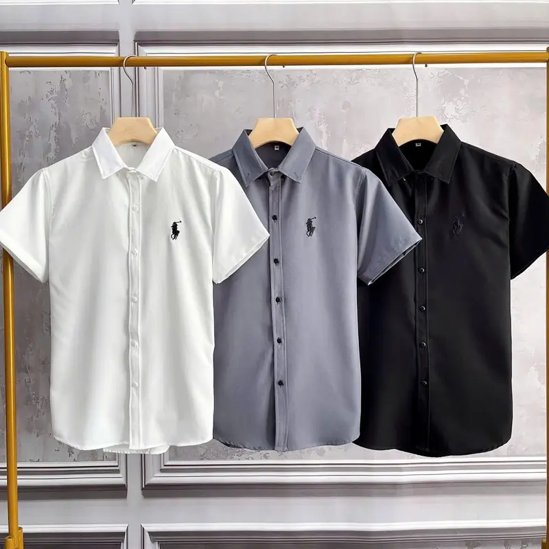 Áo Sơ Mi Nam [CAO CẤP] Ngắn Tay Thêu Logo Con Ngựa - Vải Cotton Dày Đẹp - X3 Màu Xám + Trắng + Đen [NMEN STORE] Jean Menswear Kem Shirt