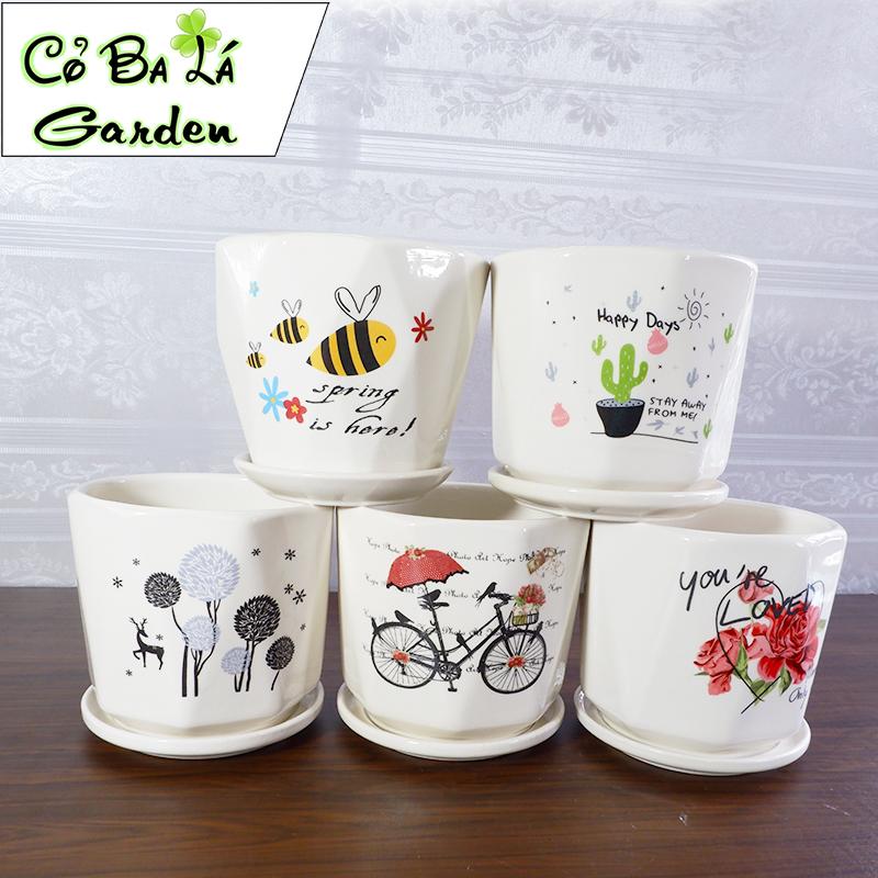 Chậu cây Gồm Sứ trồng cây cảnh kèm Đĩa lót kích thước 11x10,5x10cm