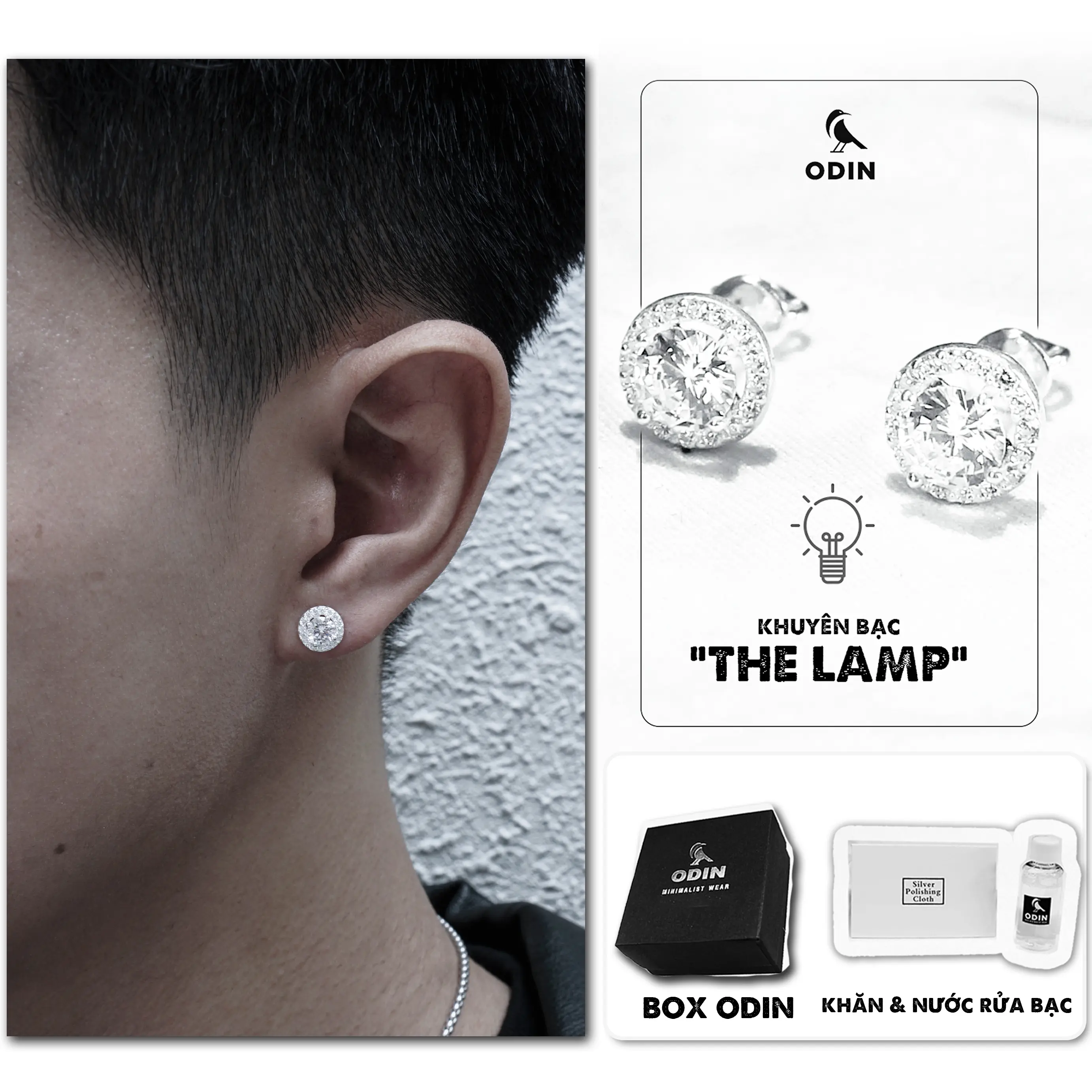 Khuyên tai bạc ODIN THE LAMP – Đính đá CZ - Bạc italy s925