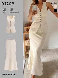 YOZY Women's Solid Button Front Blazer Vest & Mermaid Skirt Two-piece Set, Elegant Fashion Casual V Neck Sleeveless Top & Skirt for Daily Outdoor Wear, Ladies Clothes for All Seasons, Travel