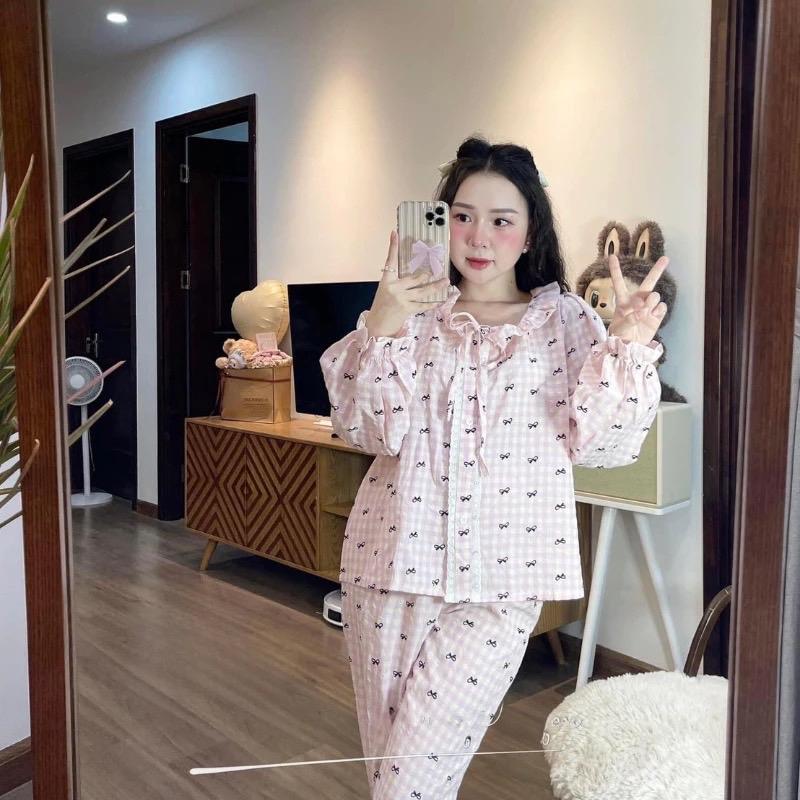 Đồ Bộ Ngủ Nữ Chất Đũi Mềm Mềm Mịn Dài Tay Free size 40 - 60kg 1