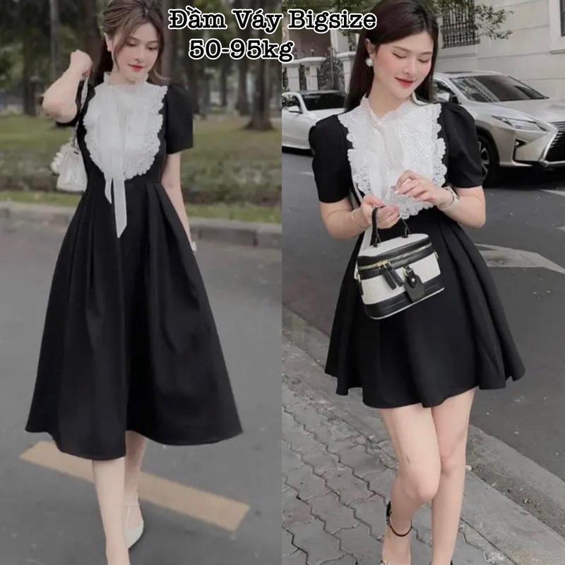 Đầm Bigsize Dự Tiệc Thời Trang Thiết Kế Ren Hoa Nơ Dài Qua Gối Nữ Cao Cấp Xinh Đẹp Sang Trọng Dễ Thương Giá Rẻ 50-95kg Cotton Dress Màu Đen - 1086