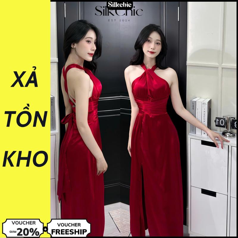 [DEAL XẢ KHO] Silkchic 473 Váy Dự Tiệc Cổ Yếm Sang Trọng Hở Lưng - Đầm Lụa Dáng Dài Cột Nơ Xẻ Tà Quyến Rũ Váy Dự Tiệc Hở Lưng (Sẵn Mút đệm) Nữ Women Dress