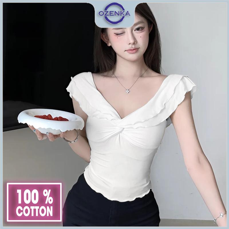 Áo croptop nữ kiểu cổ v trễ hở vai bánh bèo ôm body gợi cảm ozenka , áo crt thun cotton đen trắng mặc đi chơi biển Women Shirt Dáng Ngắn