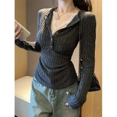 Áo Len Dệt Kim, Hai Mảnh Giả Ren, Dễ Phối Đồ Mỏng Vừa Vặn, Dành Cho Phụ Nữ Đi Lại, Bó Sát, Dài Tay, Áo Lớp Nền áo  len  tăm  cổ  bèo áo  miss  cosmo áo  fluxo  chưa  sửa aolen Women Top