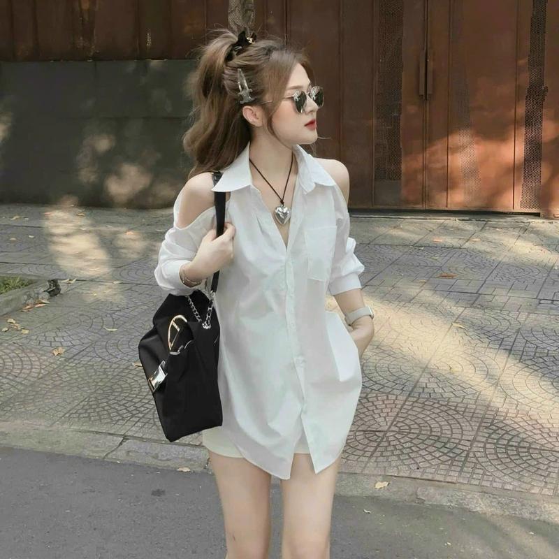 Sét Bộ Đồ nữ 2 món gồm áo sơ mi hở vai mix quần ngắn ống rộng cực chất có 3 màu 1