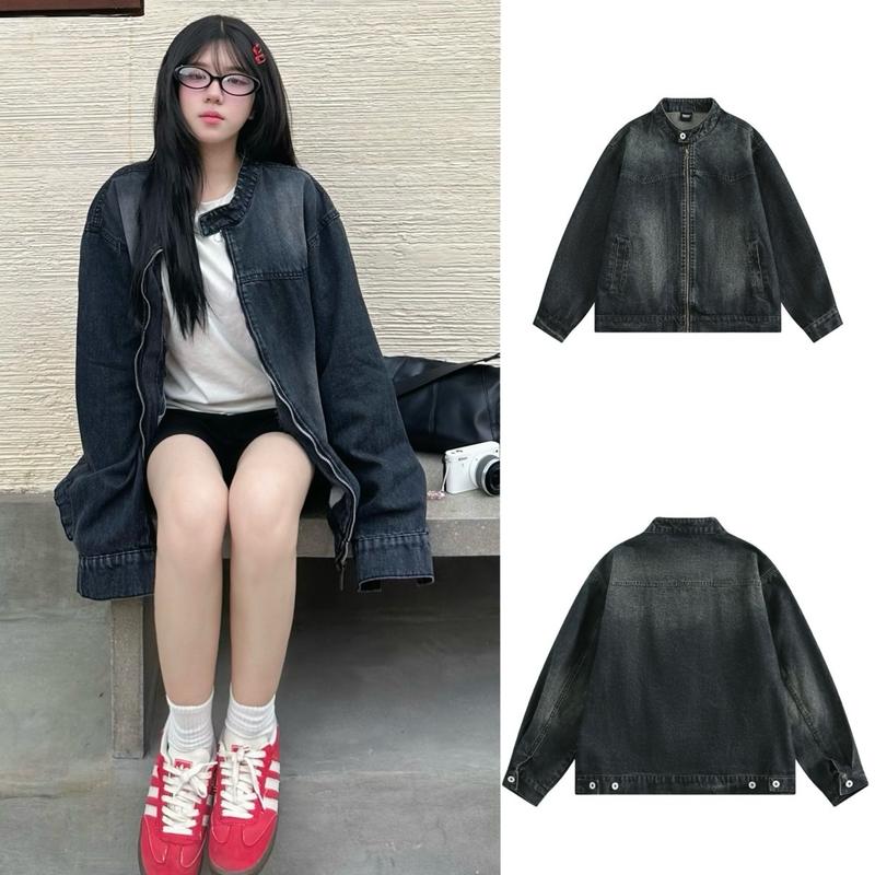 Áo Khoác Jeans Denim Cổ Tàu Dây Kéo Cúc Bấm Có Túi Trong Form Suông Nam Nữ Unisex Cổ Trụ Top