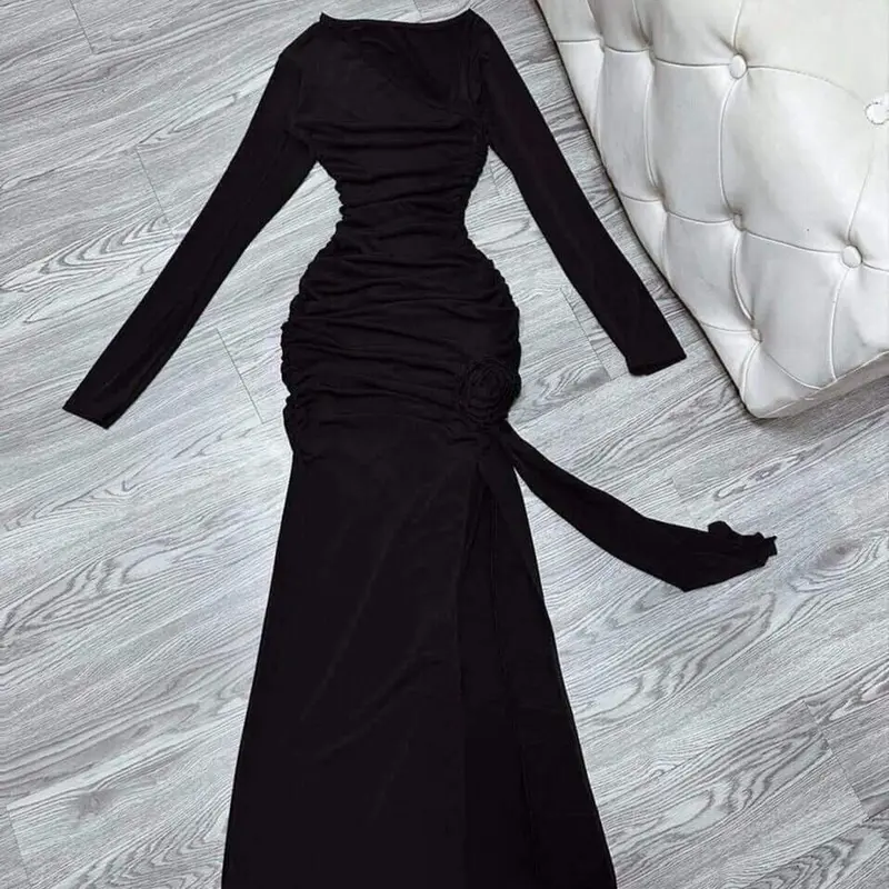 V159 - Đầm Body Tay Dài Lệch Vai Nhúng Eo Hoa  Chất Thun Mịn 4