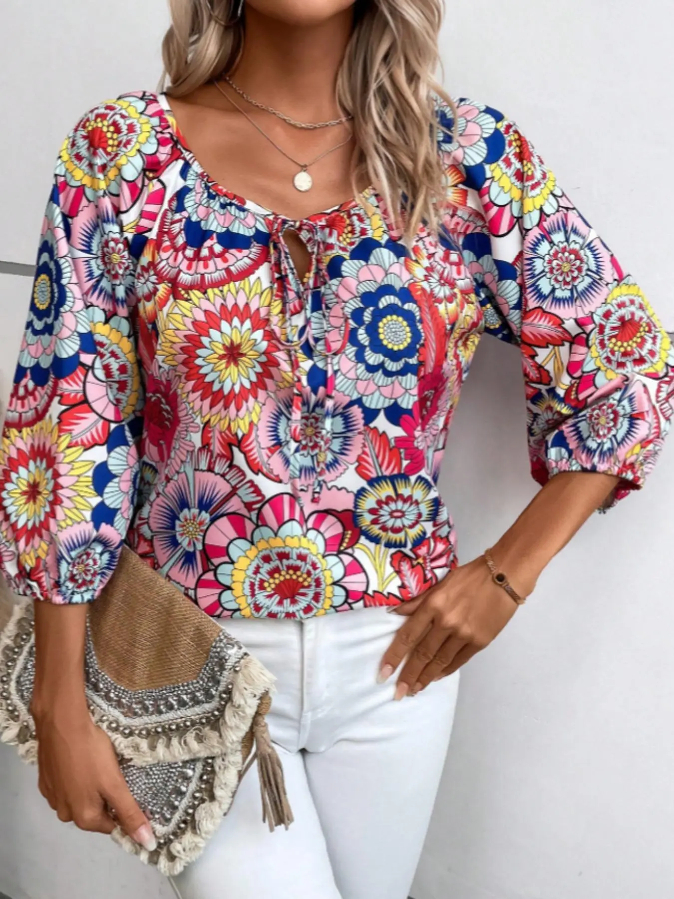 Women's Floral Print Cut Out Tie Front Blouse, Boho 3/4 Sleeve Tie Neck Top for Daily Holiday Vacation Wear, Ladies Clothes for Summer