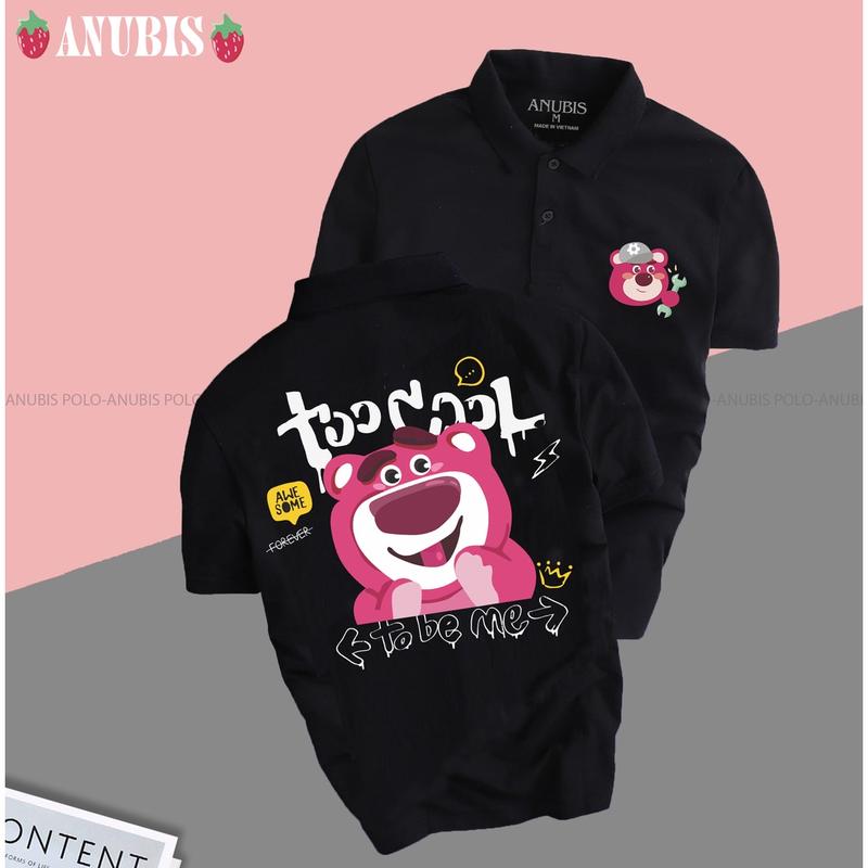 BST áo polo gấu dâu dễ thương - Unisex nam nữ tay lỡ Menswear Top Thun Có Cổ