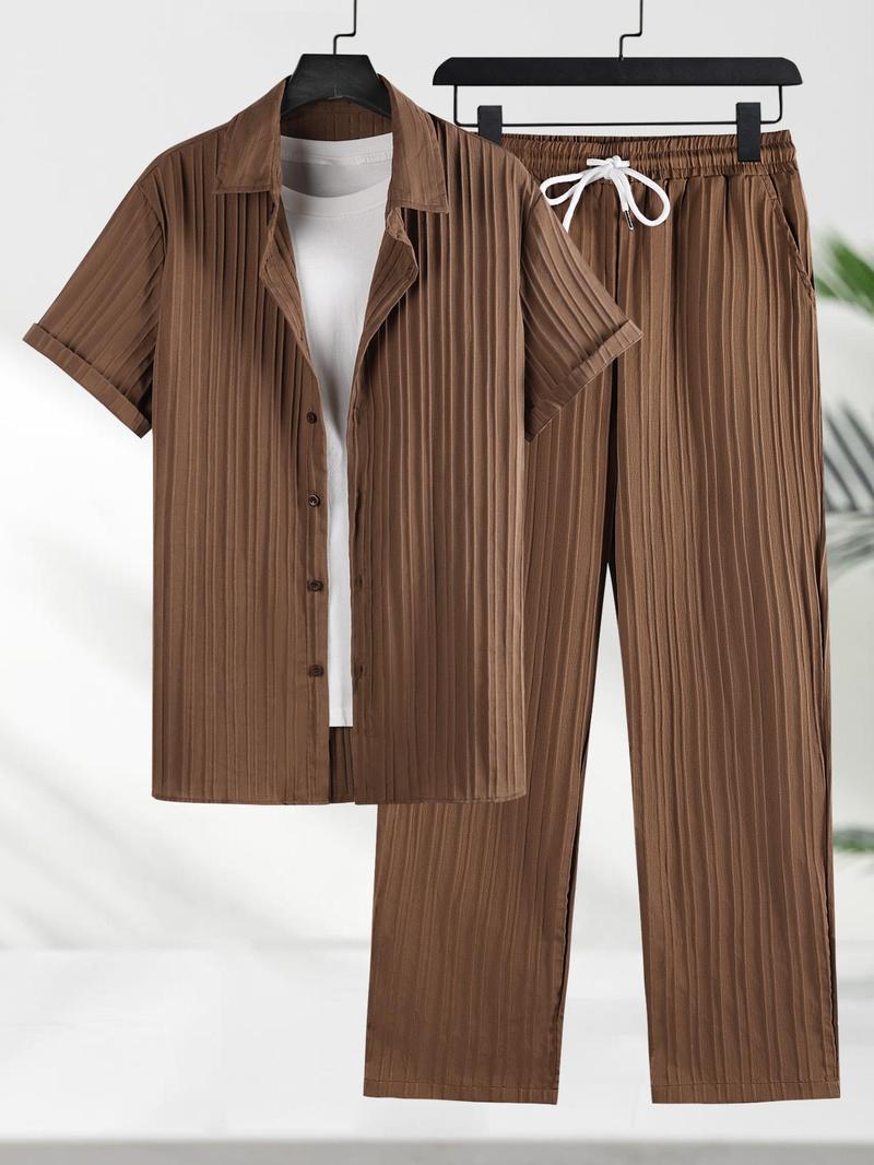 Product Introduction of Two-piece Set Men's Solid Textured Button Front Shirt & Drawstring Waist Pants, Loose Casual Short Sleeve Collared Top & Pocket Trousers for Beach Vacation, Men's Two-piece Outfits for All Seasons 17