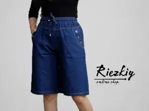 CELANA JEANS  PENDEK SANTAI 3/4 WANITA TERBARU // CELANA HOTPANTS JEANS WANITA KEKINIAN Denim Kancing Karet Panjang Dewasa Rawis Cewek