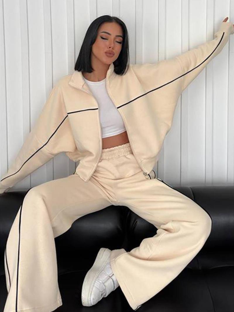 Product Introduction of Women's Striped Zip Up Jacket & Drawstring Waist Pants Two-piece Set, Casual Fashion Drop Shoulder Long Sleeve Outerwear & Trousers for Daily Wear, Women's Clothing for Fall & Winter 1