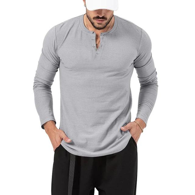 Áo Thun Nam, Cổ Tròn, Màu Trơn Cài Nút, Dài Tay, Henley, Áo Sơ Mi Lớp Nền Thể Thao Thường Ngày 9