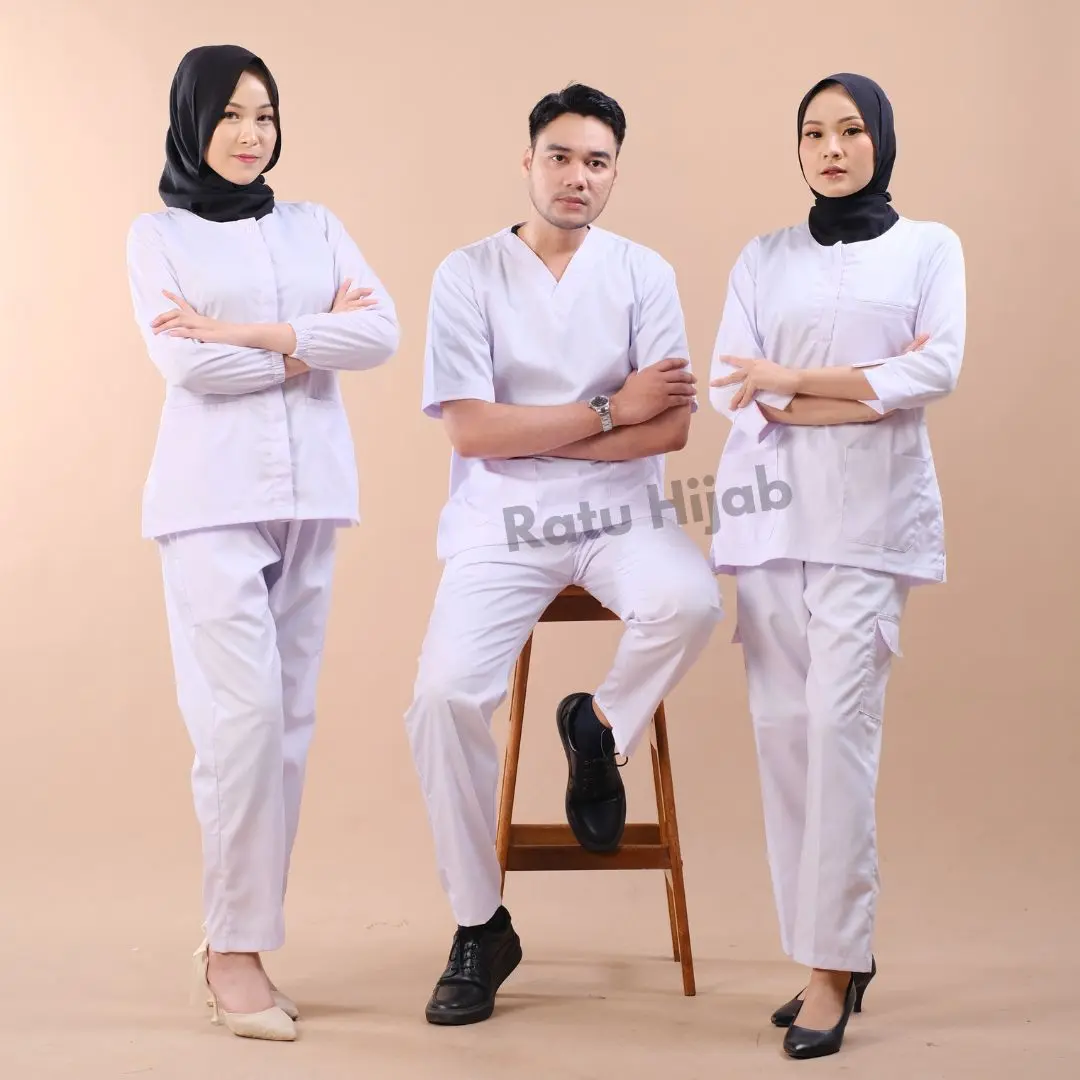 [RatuHijabCilacap] Baju Ok PUTIH Baju Perawat Baju Jaga Dokter Warna Lengan Panjang Bahan American Drill Dan Bahan Oxford Celana Seragam Kerja Wanita Katun Setelan
