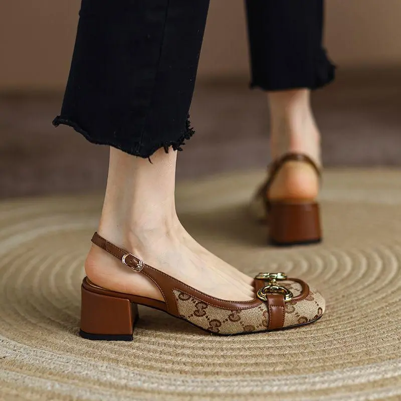 Dép Độc Đáo, Phong Cách Cổ Điển, Phong Cách Pháp, Lưng khoét lỗ Thích Hợp Cho Mùa Hè, Mũi Tròn Mới, Gót Trung Bình Chunky, Với Thiết Kế Paillette, Khóa Kim Loại, Loại Bơm Nữ DéP Sandal GiàY Shoes Đồng 1