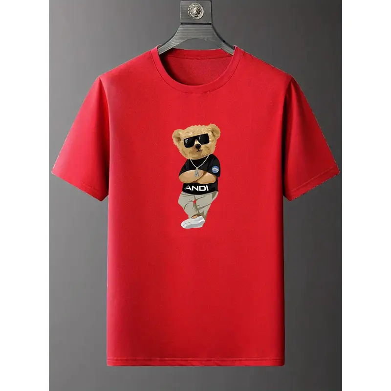 Kaos Penunjuk Arah Creative Cartoon Bear Graphic Print Crew Neck Short Sleeve T-shirt For Men, Breathable Comfy Summer Tops For Daily Wear Work Out And Vacation Resorts kaos  penunjuk 8