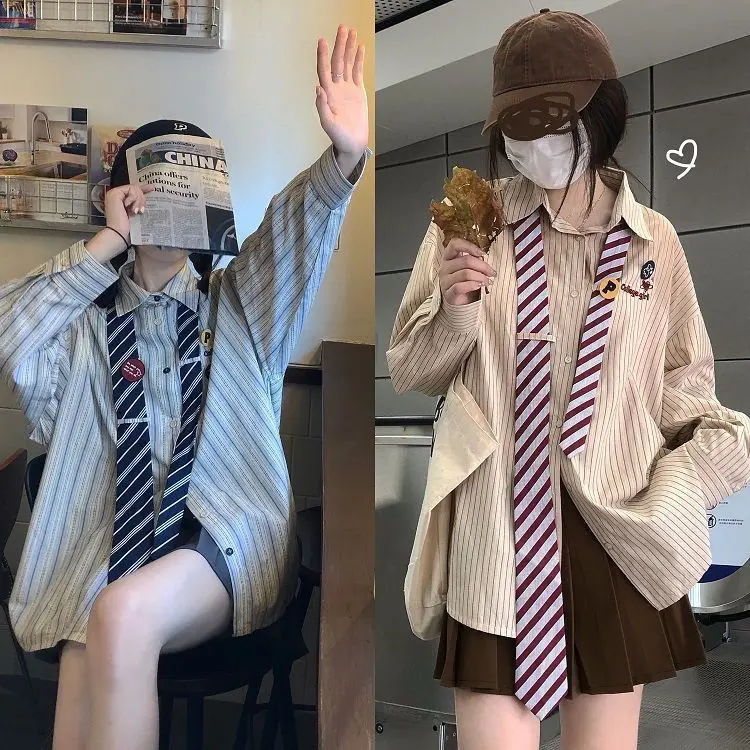 Áo Sơ Mi Sọc, Cà Vạt, Dành Cho Nữ, Hàng Mới Về Mùa Thu, Phong Cách Preppy, Dáng Rộng Vừa Vặn, Cổ Điển Thích Hợp Cho Học Sinh, Quần Áo Bạn Gái Top Women