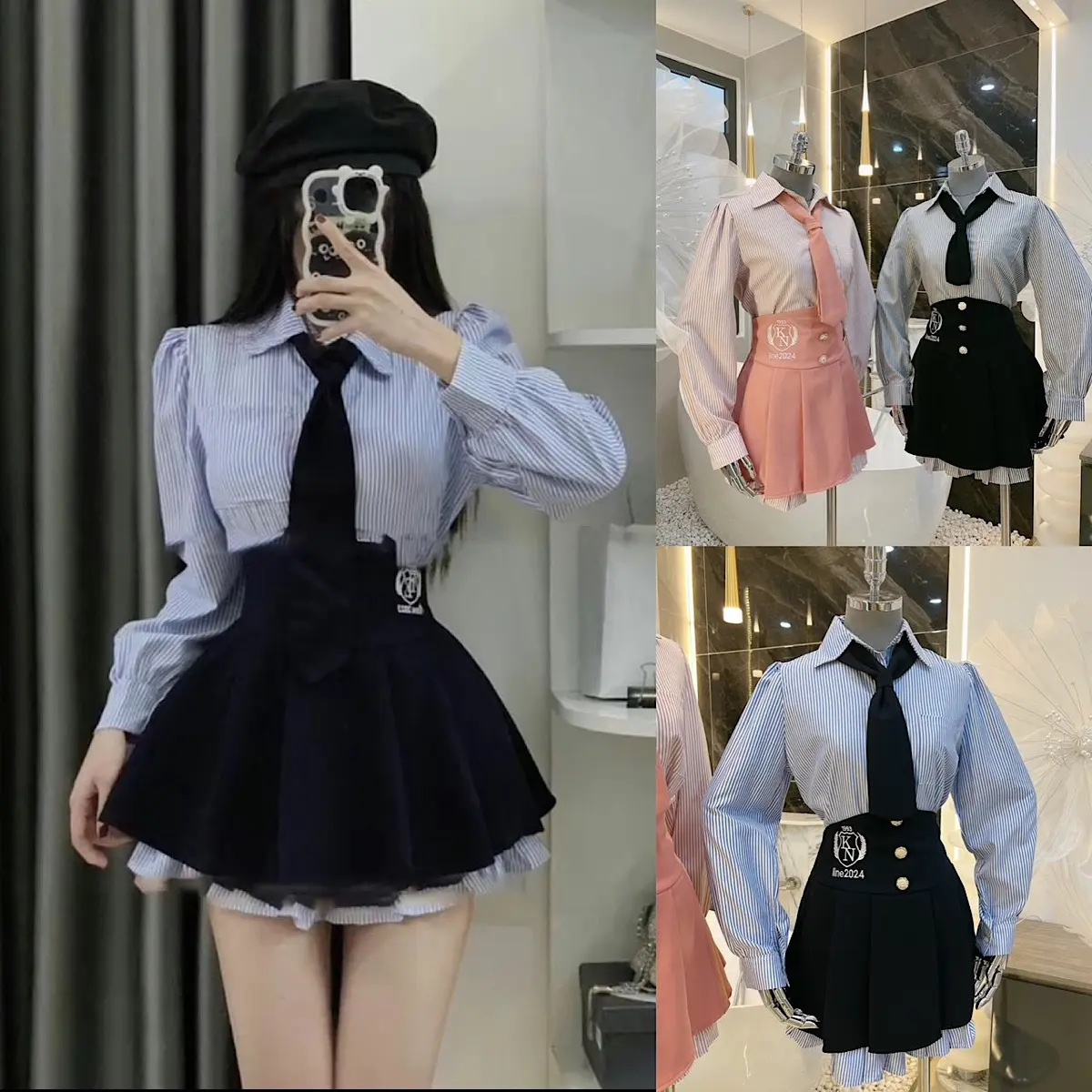 Sét 3 Món Áo Sơ Mi Cà Vạt Mix Chân Váy Bigsize Kim Ngân 50 kg đến 100 kg S/M/L/Xl/XXl SBX141