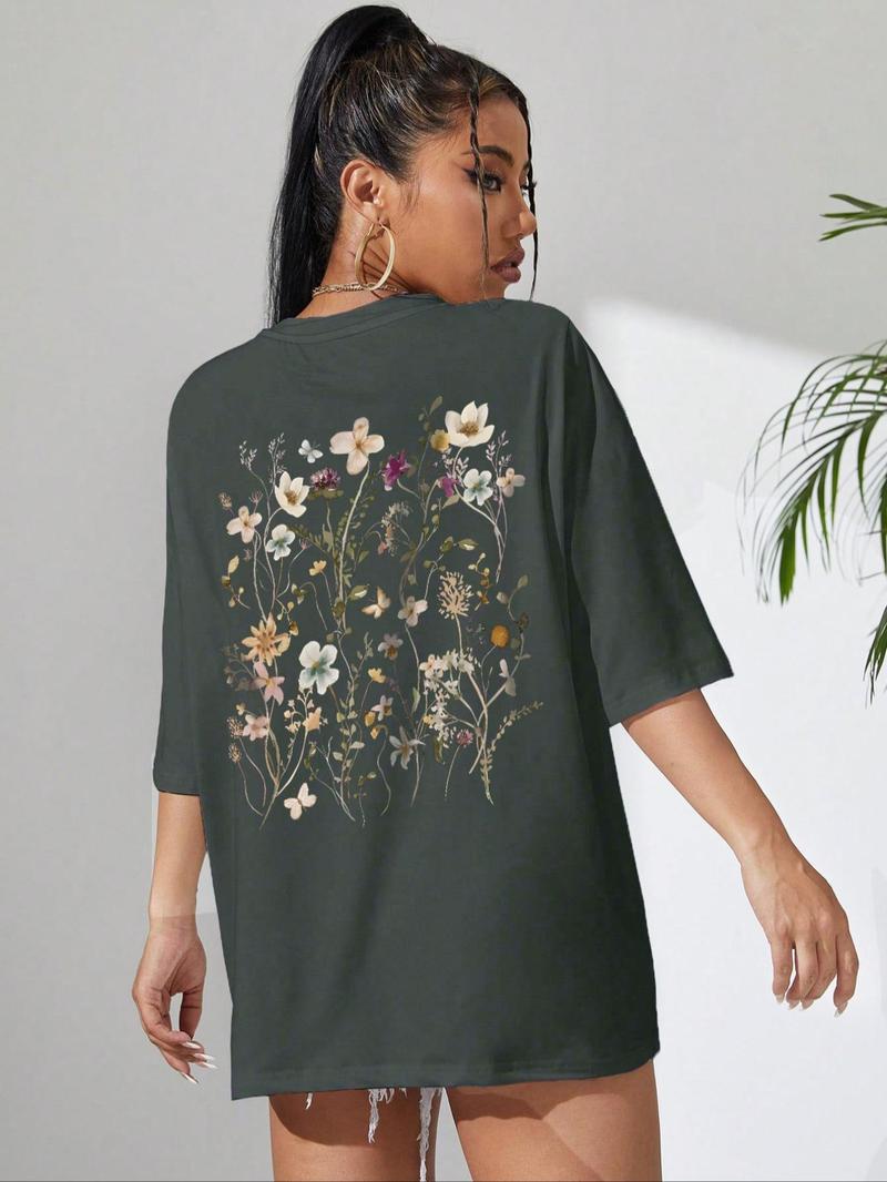 Product Introduction of Women's Floral Print Drop Shoulder Crew Neck Tee, Street Fashion Casual Half Sleeve Round Neck T-shirt for Summer, Streetwear Tshirt, Ladies Summer Clothes, Graphic Tees, Clothing, Tops 11