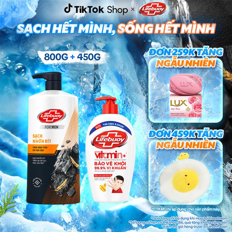 Bộ Đôi Sữa Tắm Lifebuoy Detox Than Hoạt Tính & Cám Gạo Hỗ Trợ Loại Bỏ Bã Nhờn Chai 800g + Nước Rửa Tay Lifebuoy Công thức Vitamin+ Hỗ Trợ Bảo Vệ Vượt Trội 10 450g/Chai [1]