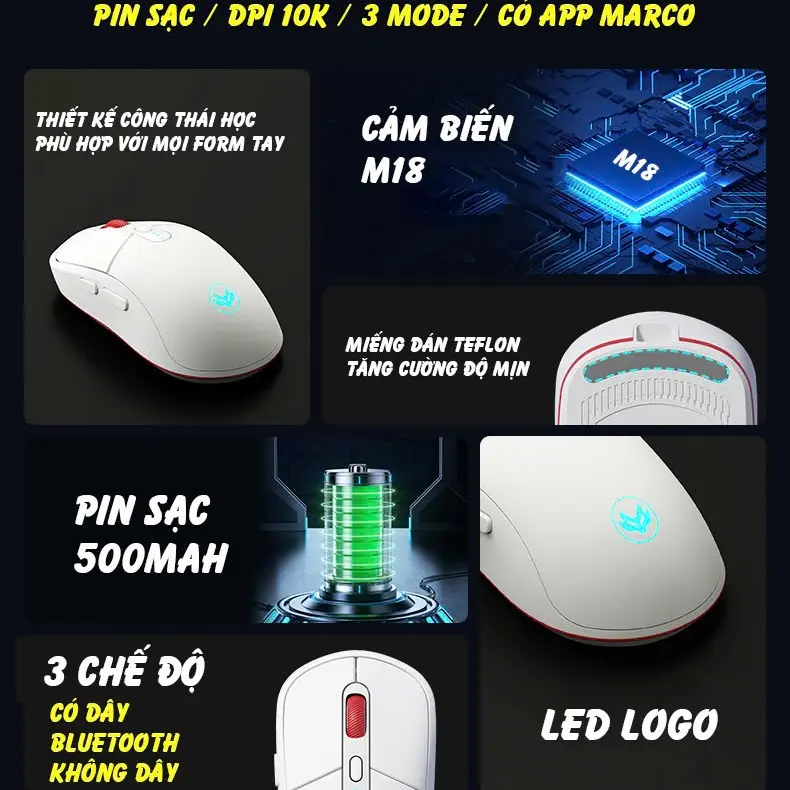 Chuột silent gaming không dây Atas F30 – 3 mode kết nối (không dây, bluetooth, có dây) – Pin 500mAh - dùng cho điện thoại, máy tính, macbook | BigBuy360 - bigbuy360.vn