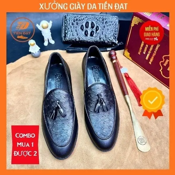 H8 Giày DI0 Công Sở Da Bò Nguyên Tấm Kết Hợp Da Đà Điêu Đế Cao 3cm