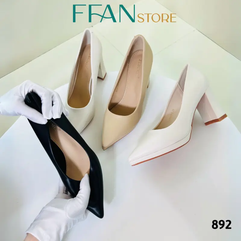 Giày cao gót mũi nhọn đúp đế vuông 8 phân 892 FFANSTORE, bít mũi da mềm mại big size màu đen be trắng đen da lộn 2