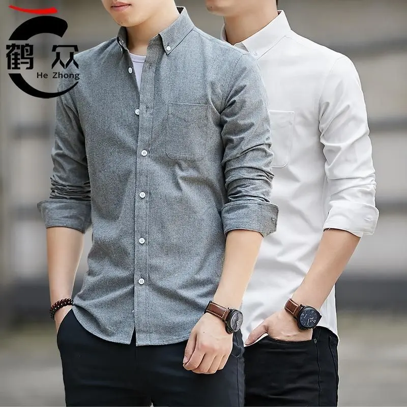 Áo Sơ Mi Nam Thường Ngày Dáng Ôm, Vải Oxford, Dài Tay, Phong Cách Hàn Quốc, Thích Hợp Cho Nam Giới Trẻ Trung Và Trung Niên, Mùa Thu, Chất Lượng Cao, [Chất Lượng Cao]