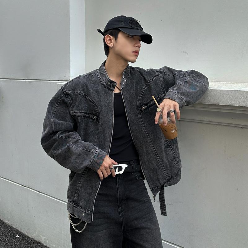 Áo Khoác Jacket Jean GODMOTHER Form Rộng Áo Khoác Denim Cổ Tàu Basic Phối Khoá Kéo Ngực Menswear