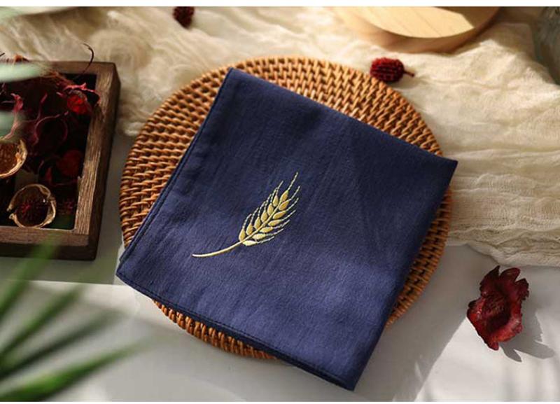 Product Introduction of New Pure Cotton Ancient Style Handkerchief for Men and Women Couples Double Layer Sweat Towel Embroidered Wheat Spike Gift with Embroidered Words 12
