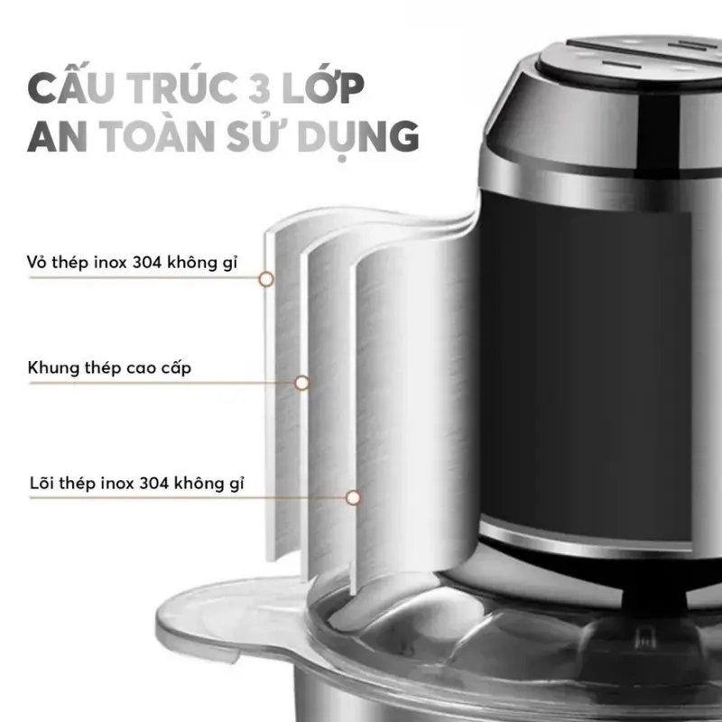 Máy Xay Thịt Đa Năng Cối INOX 304 2L Công Suất 250W, 4 Lưỡi Dao Xay Thịt Cá, Rau Củ, Xay Sinh Tố, Cối Xay Thực Phẩm Đa Năng. 3