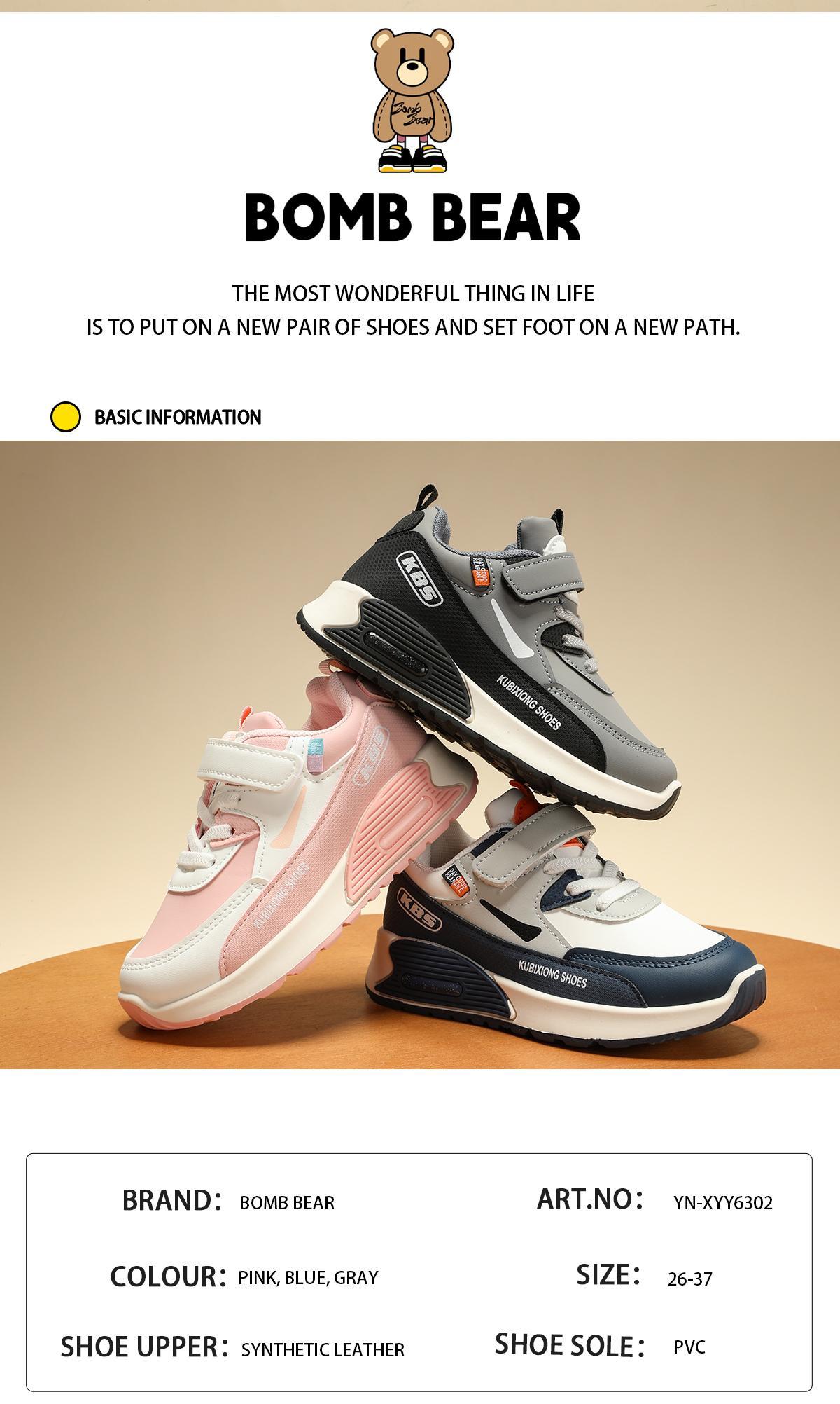 BOMBBEAR 6302  Sepatu Sekolah Anak Dengan Fashion Sneakers Mesh Sintes Premium, Kualitas Nyaman Lentur Ringan Desain Ergonomis untuk Aktivitas Aktif Si Kecil! warna Abu, Biru dan Pink dengan size 26-37