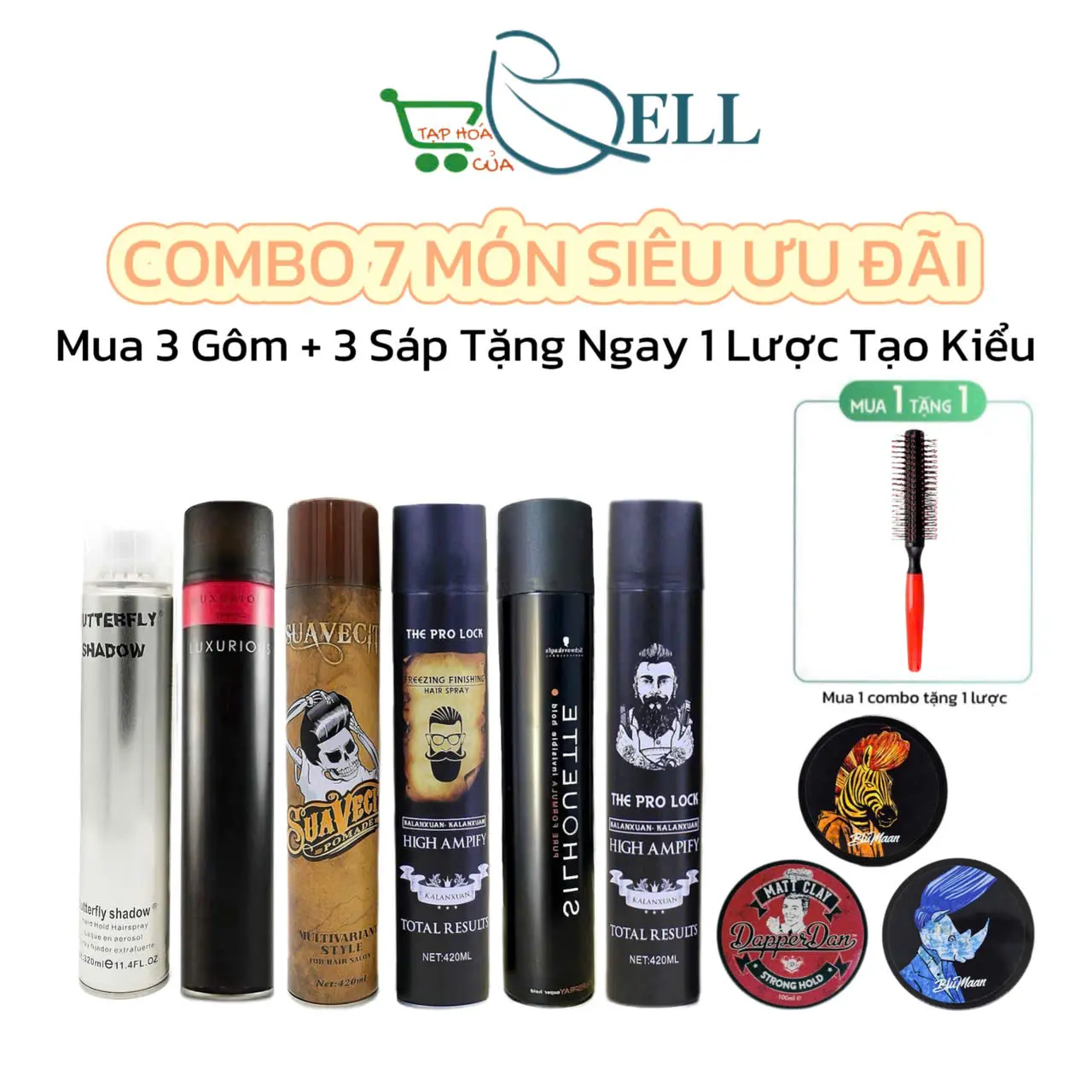 COMBO 7 MÓN Gôm xịt tóc Bạc, Suave, Silhou, Luxuri, The Pro và Sáp vuốt tóc Dapper, Tê Giác, Ngựa Vằn kèm lược tròn tạo kiểu. Combo Gôm Sáp vuốt tóc Dưỡng Tóc