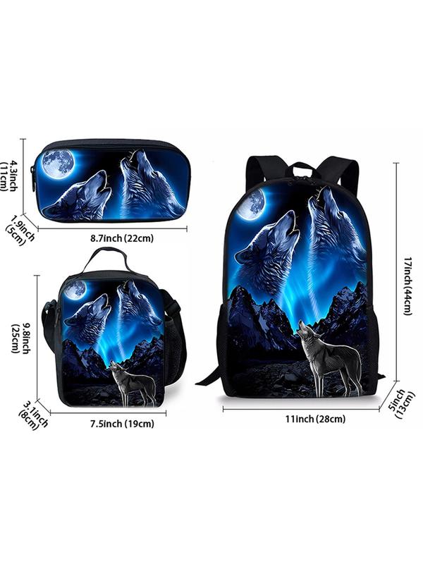 Wolf Pattern Backpack & Lunch Bag & Pencil Case Set, Casual Versatile Backpack Set for Women & Men, Trendy All-match Bag Set for Daily Use 1
