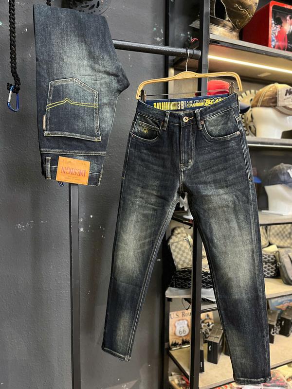 [Jean Denim Guangzhou-8086] Quần Jean Nam Dài Xanh Đậm Trơn Was Lưmg Chỉ Vàng Chất Denim Dày Dặn J3766