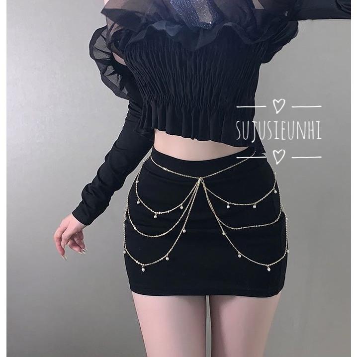 (2 màu) dây xích đeo eo 4 lớp đính hạt belly chain trang trí váy, bụng