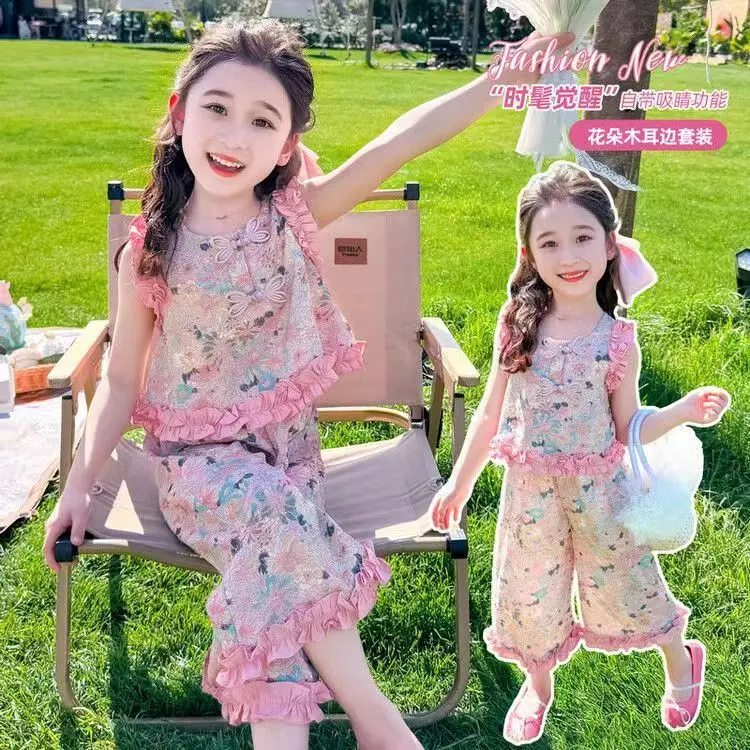 Bộ Đồ Hoa Cho Bé Gái, Thời Trang Phong Cách Phương Tây, Không Tay, Thích Hợp Cho Bé Gái, Bộ Hai Mảnh Đi Chơi, Hàng Mới Về Mùa Hè 2024, Quần Áo Mùa Hè