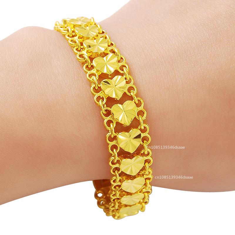 Gold Color Bracelet for Women Chain Heart Wide Chain Cuff Bangle Bracelet Wristband Wedding Jewelry Gifts 22cm 0