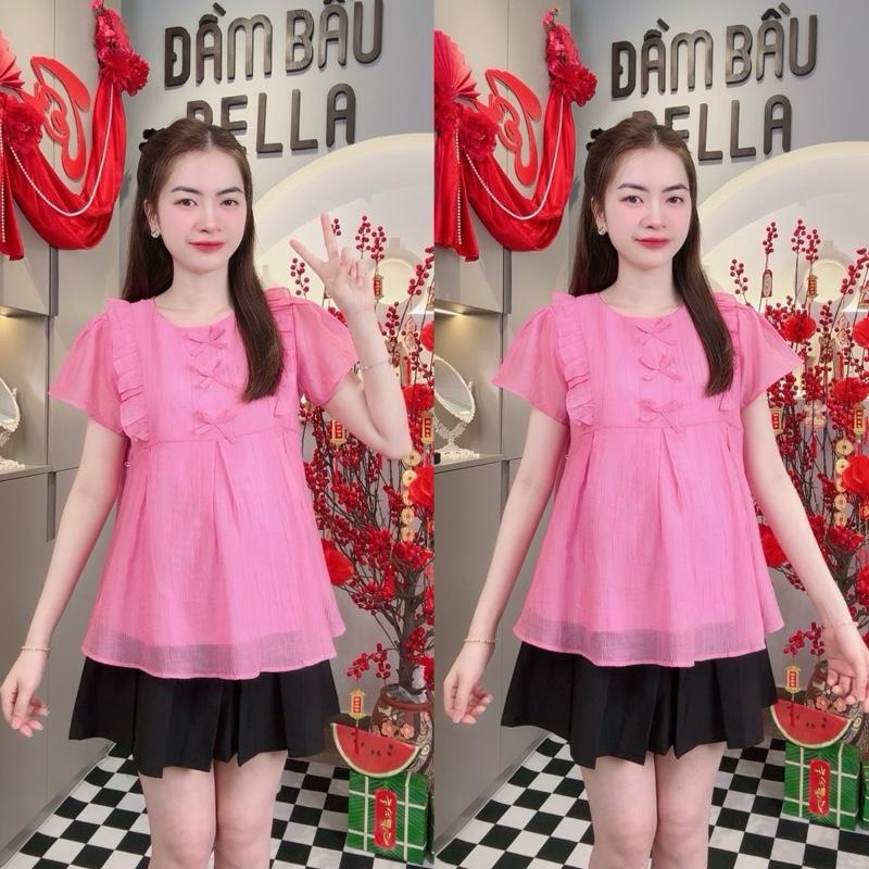 [ ẢNH THẬT ] ( 40 - 80kg ) Áo Bầu Xinh, Áo Bầu 2 Lớp Công Sở Bèo Vai Nơ Mền Thanh Lịch, Trẻ Trung