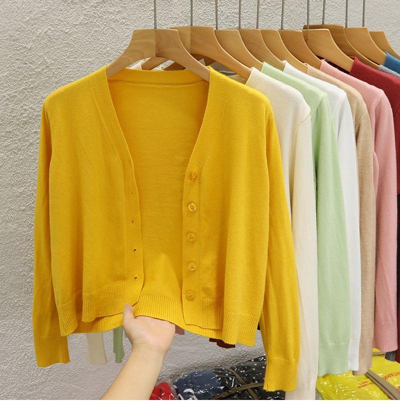 Product Introduction of Áo Khoác Cardigan Dệt Kim, Cổ Chữ V, Ngắn, Dành Cho Nữ, Hàng Mới Về Mùa Thu 2024, Màu Trơn Áo Len Bên Ngoài, Áo Len Dài Tay Women Top 12