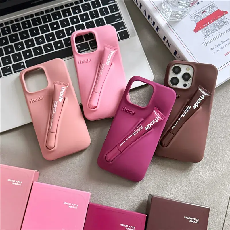 Ốp Điện Thoại Silicon Mềm Rhode, Có Hộp, Tương Thích Với iPhone 15, 14, 13, 12, 11, Pro Max Plus, Thiết Kế Son Môi, Cầm Tay, Có Giá Đỡ Son Bóng, Ốp Funda