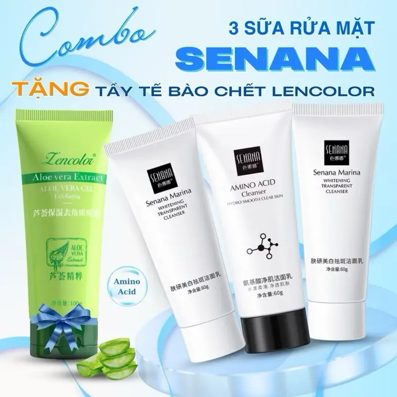combo 3 tặng 1 tip tẩy da chết nha đam-sữa rửa mặt senana- sạch da trắng sáng - cấp ẩm- giảm nám tàn nhang