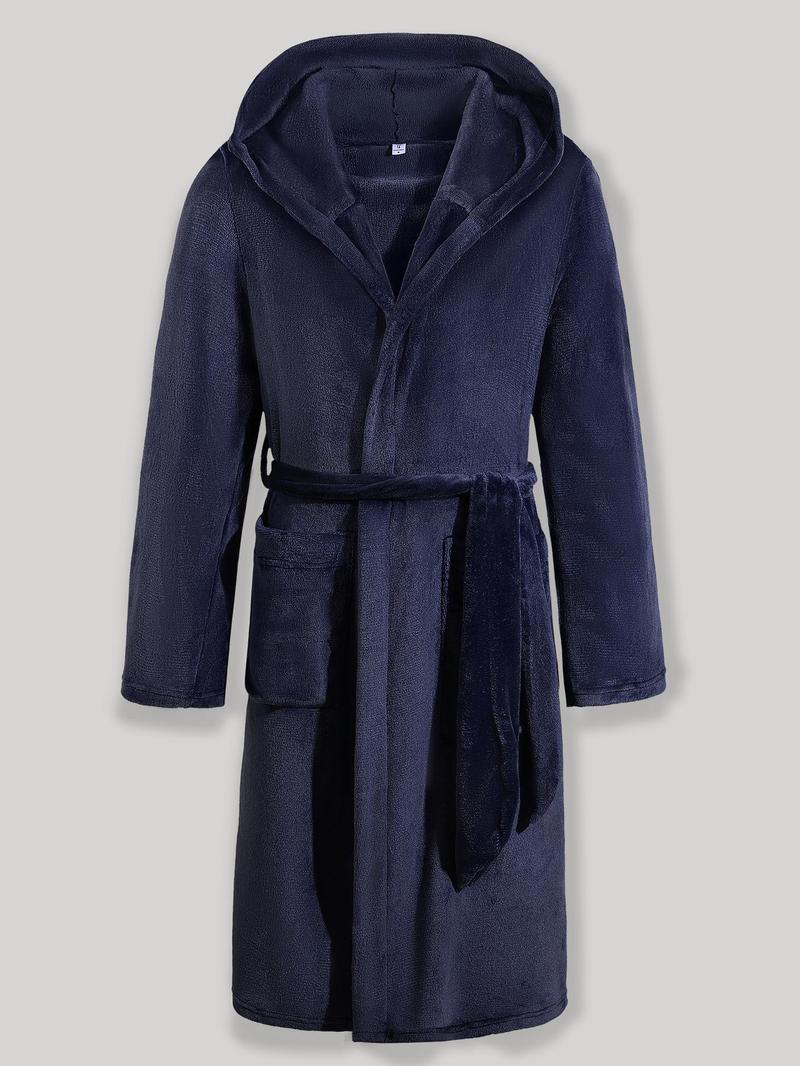 Product Introduction of Men's Solid Color Belted Hooded Bathrobe, Casual Long Sleeve Pocket Design Dressing Gown, Men's Sleepwear & Loungewear for Fall & Winter 6