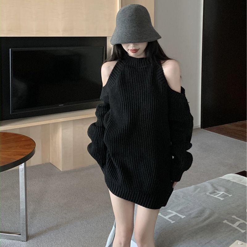 áo sweater croptop áo len lệch vai áo long croptop Áo Khoác Phong Cách Hàn Quốc, Dành Cho Nữ, Dáng Rộng Vừa Vặn, Cổ Cắt Kiểu Pháp, Áo Len Dệt Kim, Màu Đen, Thích Hợp Cho Mùa Thu Và Mùa Đông, Phong Cách Mới, 2024 Women Top aolen  big size áo  len xinh