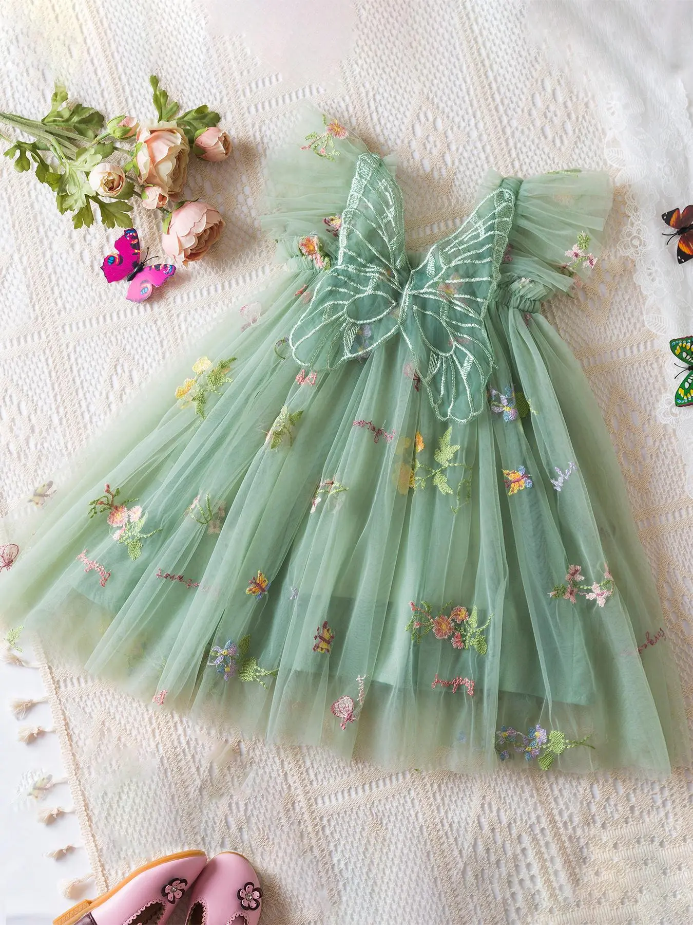 Girl's Floral Embroidery Butterfly Design Tulle Dress, Cute Frill Trim Square Neck Dress for Party Holiday, Kids Clothes for All Seasons